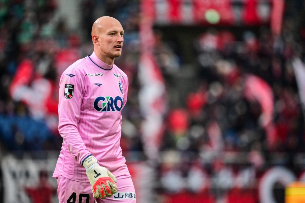 Fagiano Okayama's goalkeeper Svend Brodersen looks on during the J-League football match between Urawa Red Diamonds and Fagiano Okayama at Saitama Stadium 2002 in Saitama on March 8, 2025. (Photo by Yuichi Yamazaki / AFP) 