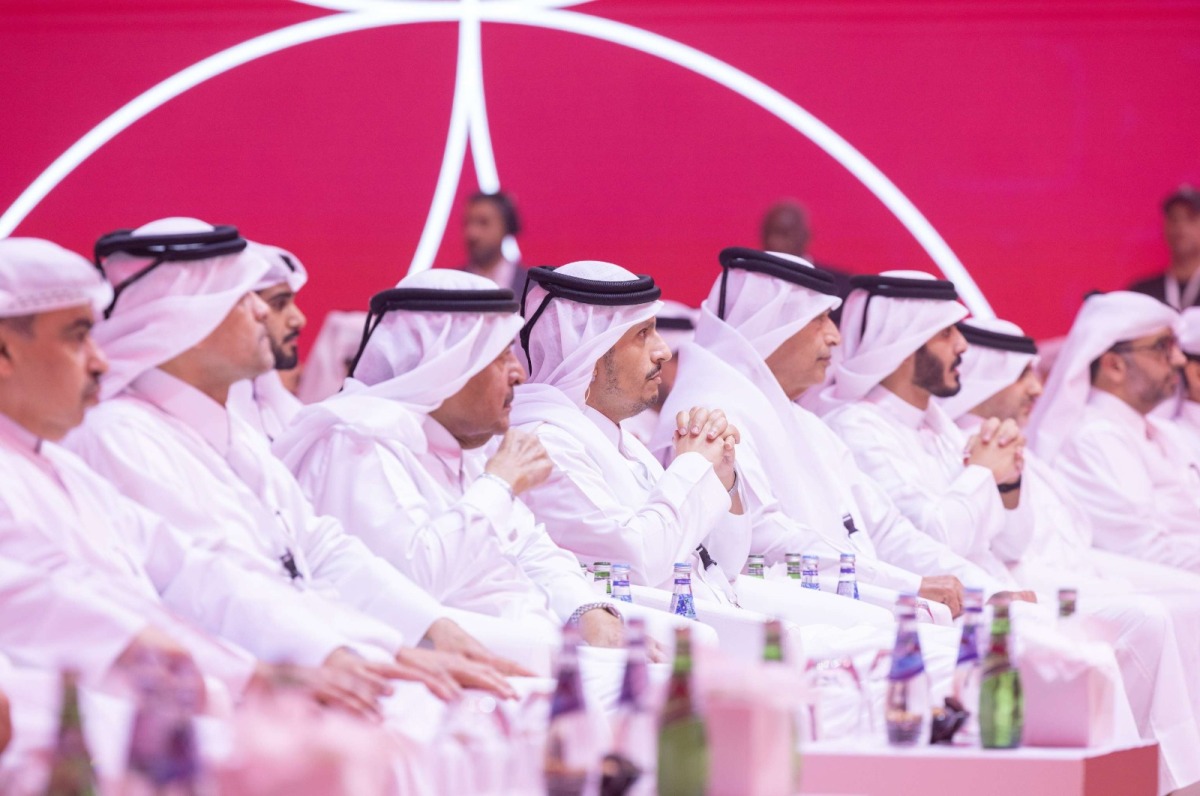 Prime Minister and Minister of Foreign Affairs H E Sheikh Mohammed bin Abdulrahman bin Jassim Al Thani along with Their Excellencies the Ministers and officials during the National Development Forum at DECC, yesterday.