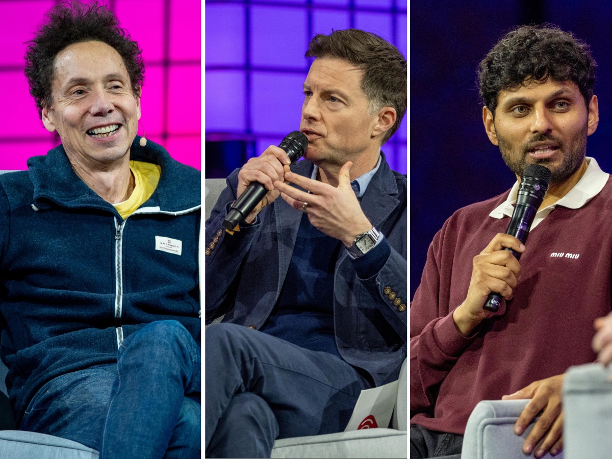 From left: Malcolm Gladwell, Conal Byrne, and Jay Shetty at the Web Summit Qatar 2025.