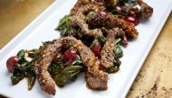 Nut-Crusted Sirloin Strips With Grapes. (Photo by Deb Lindsey for The Washington Post)