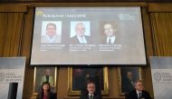 The Royal Academy of Sciences members present 2016 Nobel Chemistry Prize during a news conference by the Royal Swedish Academy of Sciences in Stockholm, Sweden October 5, 2016. TT News Agency/Henrik Montgomery/via Reuters