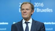 EU council President Donald Tusk and European Commission President Jean-Claude Juncker (not seen) hold a press conference at the end of the first day of the European Summit in Brussels, Belgium early Friday, Oct. 21, 2016. (Dursun Aydemir - Anadolu Agency