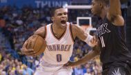 Russell Westbrook #0 of the Oklahoma City Thunder reacts as Brandon Knight #11 of the Phoenix Suns applies pressure during the second half of a NBA game at the Chesapeake Energy Arena on October 28, 2016 in Oklahoma City, Oklahoma. The Thunder won 113-110