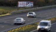 A poster urging people to leave the EU is seen in a field near Blackpool, Britain November 7, 2016. REUTERS/Phil Noble