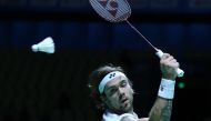 Denmark's Jan O Jorgensen plays a shot against China's Chen Long in the final of the China Open Badminton tournament in Fuzhou, in China's Fujian province on November 20, 2016. (AFP)