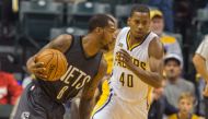 Brooklyn Nets guard Sean Kilpatrick (6) dribbles the ball while Indiana Pacers guard Glenn Robinson III (40) defends in the first quarter of the game at Bankers Life Fieldhouse. Trevor Ruszkowski-USA TODAY Sports