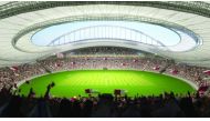 A computer-generated image of  the iconic Khalifa International Stadium. 