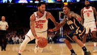 New York Knicks guard Derrick Rose (25) drives to the basket past Indiana Pacers guard Jeff Teague (44) during the second half at Madison Square Garden. Adam Hunger
