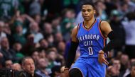 Russell Westbrook #0 of the Oklahoma City Thunder dances to celebrate hitting a three point shot against the Boston Celtics during the fourth quarter at TD Garden on December 23, 2016 in Boston, Massachusetts. The Thunder defeat the Celtics 117-112.  Madd