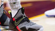 The shoes of LeBron James of the Cleveland Cavaliers are seen while he plays the Golden State Warriors in Cleveland, Ohio. The Cavaliers defeated the Warriors 109-108.