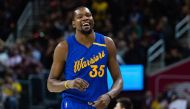 Kevin Durant #35 of the Golden State Warriors reacts during the first half against the Cleveland Cavaliers at Quicken Loans Arena on December 25, 2016 in Cleveland, Ohio. Jason Miller/AFP