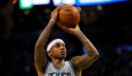 Boston Celtics guard Isaiah Thomas (4) shoots against the Miami Heat during the second half at TD Garden. Mandatory Credit: Winslow Townson
