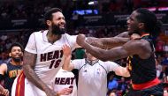 Miami Heat forward James Johnson (16) shoves Atlanta Hawks forward Taurean Prince (12) after an flagrant foul by Hawks forward Taurean Prince during the second half at American Airlines Arena. Miami Heat won 116-93.Steve Mitchell
