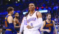 Oklahoma City Thunder guard Russell Westbrook (0) reacts after a play against the Cleveland Cavaliers during the fourth quarter of their NBA game at Chesapeake Energy Arena in Oklahoma City on Thursday. 