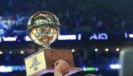 Glenn Robinson of the Indiana Pacers poses with the trophy after winning the 2017 Verizon Slam Dunk Contest in New Orleans, Louisiana on Saturday.