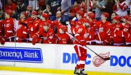 Henrik Zetterberg (40) of the Detroit Red Wings celebrates his shootout goal with team-mates while playing against the Washington Capitals at Joe Louis Arena in Detroit on Saturday. 