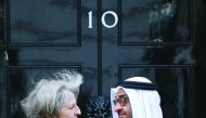 British Prime Minister Theresa May with Crown Prince of Abu Dhabi, General Sheikh Mohammed bin Zayed Al Nahyan, at 10 Downing Street in central London, yesterday.