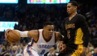 Oklahoma City Thunder guard Russell Westbrook (0) drives to the basket in front of Los Angeles Lakers guard Jordan Clarkson (6) during the fourth quarter at Chesapeake Energy Arena. Mandatory Credit: Mark D. Smith-USA TODAY Sports
