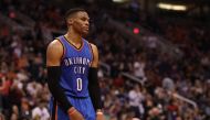 Russell Westbrook #0 of the Oklahoma City Thunder reacts during the final moments of the second half of the NBA game against the Phoenix Suns at Talking Stick Resort Arena on March 3, 2017 in Phoenix, Arizona.  Christian Petersen/AFP
