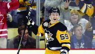 Pittsburgh Penguins centre Jake Guentzel reacts after scoring a goal against the Buffalo Sabres during their NHL game in Pittsburgh on Sunday. 