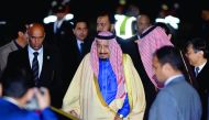 The Custodian of the Two Holy Mosques, King Salman bin Abdulaziz Al Saud of the Kingdom of Saudi Arabia, heads for his car after getting off the plane upon his arrival at Haneda Airport in Tokyo yesterday. King Salman arrived in Japan to meet with Emperor