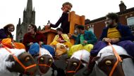 Participants on sheeps are seen during the St. Patrick's day parade in Dublin, Ireland March 17, 2017. REUTERS/Clodagh Kilcoyne