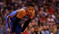 Russell Westbrook #0 of the Oklahoma City Thunder leans in during the second half of the NBA game against the Phoenix Suns at Talking Stick Resort Arena on April 7, 2017 in Phoenix, Arizona.  Christian Petersen/AFP
