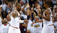 LeBron James #23 of the Cleveland Cavaliers reacts to a 109-108 win over the Indiana Pacers with Tristan Thompson #13 in Game One of the Eastern Conference Quarterfinals during the 2017 NBA Playoffs at Quicken Loans Arena on April 15, 2017 in Cleveland, O