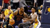 Cleveland Cavaliers forward LeBron James (23) is guarded by Indiana Pacers guard Jeff Teague (44) in game four of the first round of the 2017 NBA Playoffs at Bankers Life Fieldhouse.  Brian Spurlock
