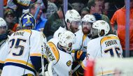 The Nashville Predators celebrate after the game winning goal by James Neal against the Anaheim Ducks during overtime in game one of the Western Conference final at Honda Center on Friday.