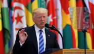 US President Donald Trump speaks during the Arabic Islamic American Summit at the King Abdulaziz Conference Center in Riyadh on May 21, 2017. Trump tells Muslim leaders he brings message of 'friendship, hope and love' / AFP / MANDEL NGAN