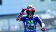 Maverick Vinales of Spain celebrates after winning the French MotoGP in Le Mans, northwestern France, yesterday.