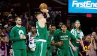 Jonas Jerebko #8 of the Boston Celtics shoots against the Cleveland Cavaliers in the second half during Game Three of the 2017 NBA Eastern Conference Finals at Quicken Loans Arena on May 21, 2017 in Cleveland, Ohio. Jason Miller/AFP
