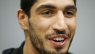 (FILES) This file photo taken on May 21, 2017 shows Turkish NBA Player Enes Kanter during a news conference about his detention at a Romanian airport in New York Turkish NBA player Enes Kanter, an outspoken critic of Turkish President Recep Tayyip Erdogan