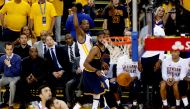 Golden State Warriors forward Kevin Durant (35) makes a three point basket over Cleveland Cavaliers forward Tristan Thompson (13) in the third quarter in game one of the Finals for the 2017 NBA Playoffs at Oracle Arena.  Cary Edmondson
