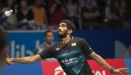 Srikanth Kidambi of India returns a shot against Kazumasa Sakai of Japan in the men's singles final of the Indonesia Open badminton tournament in Jakarta on June 18, 2017. (AFP / GOH Chai Hin)