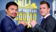 Boxers Manny Pacquiao (left) of the Philippines and Australia’s Jeff Horn stand together following their official news conference ahead of their WBO welterweight fight in Brisbane, Australia in this file photo.