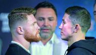 Boxers Canelo Alvarez (left) and Gennady Golovkin face-off during their final press conference at MGM Grand Hotel and Casino in Las Vegas, Nevada. Alvarez will challenge WBC, WBA and IBF middleweight champion Gennady Golovkin for his titles at T-Mobile Ar