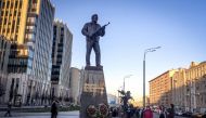 A general view of the newly unveiled monument to Mikhail Kalashnikov, the inventor of the AK-47 assault rifle, in downtown Moscow on September 22, 2017. AFP / Mladen Antonov