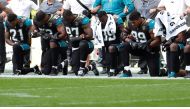 Jacksonville Jaguars players kneel during the U.S. national anthem before a match this past weekend. Reuters/Paul Childs