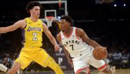 Toronto Raptors guard Kyle Lowry (7) moves the ball against Los Angeles Lakers guard Lonzo Ball (2) during the first half at Staples Center.  Gary A. Vasquez
