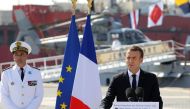 French President Emmanuel Macron delivers a speech during a visit to a naval base in Abu Dhabi on November 9, 2017. AFP / LUDOVIC MARIN
