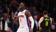 Reggie Jackson #1 of the Detroit Pistons reacts reacts to a call late in the game next to Luke Babbitt #8 of the Atlanta Hawks at Little Caesars Arena on November 10, 2017 in Detroit, Michigan. Gregory Shamus/Getty Images/AFP
