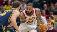 Cleveland Cavaliers forward LeBron James (23) looks to dribble while Indiana Pacers forward Bojan Bogdanovic (44) defends in the first half at Bankers Life Fieldhouse. Mandatory Credit: Trevor Ruszkowski
