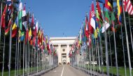 Flags outside the United Nations headquarters in Geneva