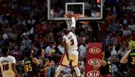 Miami Heat guard Dwyane Wade (3) dunks the ball against the Atlanta Hawks during the second half at American Airlines Arena. The Heat won 101-98. Mandatory Credit: Steve Mitchell
