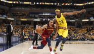 Cleveland Cavaliers guard George Hill (3) drives to the basket against Indiana Pacers center Myles Turner (33) during the third quarter in game three of the first round of the 2018 NBA Playoffs at Bankers Life Fieldhouse. Brian Spurlock
