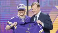 Mike Hughes (Central Florida) with NFL commissioner Roger Goodell after being selected as the number thirty overall pick to the Minnesota Vikings in the first round of the 2018 NFL Draft at AT&T Stadium. Tim Heitman