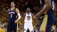 Kevin Durant #35 of the Golden State Warriors reacts after making a basket against the New Orleans Pelicans during Game Five of the Western Conference Semifinals of the 2018 NBA Playoffs at ORACLE Arena on May 8, 2018 in Oakland, California.Ezra Shaw/AFP