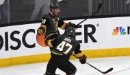 Reilly Smith #19 is congratulated by his teammate Luca Sbisa #47 of the Vegas Golden Knights after scoring a third-period goal against the Winnipeg Jets in Game Four of the Western Conference Finals during the 2018 NHL Stanley Cup Playoffs at T-Mobile Are